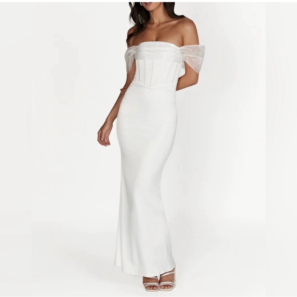 Meshki Satin Off Shoulder White Maxi